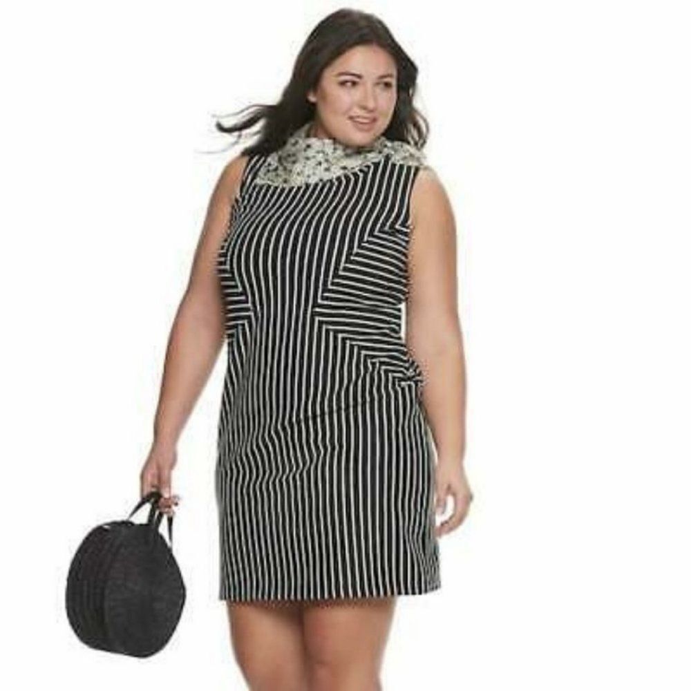 EVRI Seamed Ponte Dress Black & White  Stripes Plus Size 2X